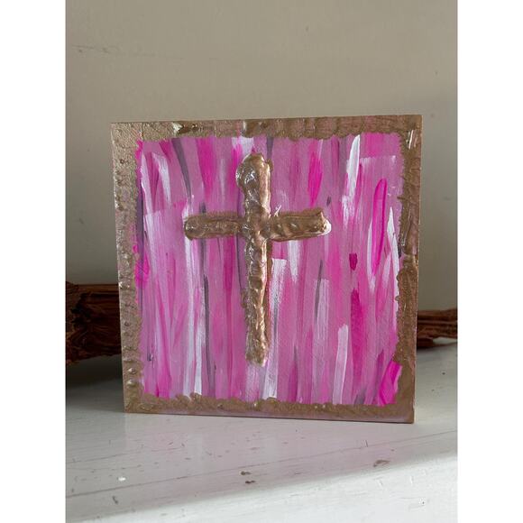 Gold Cross Wood Painting Hand Painted 5x5 Block White Raised Cross Pink Style - Picture 8 of 9